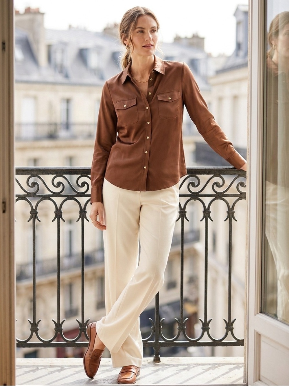 Talbots Copper-Brown Satin Button-Front Shirt